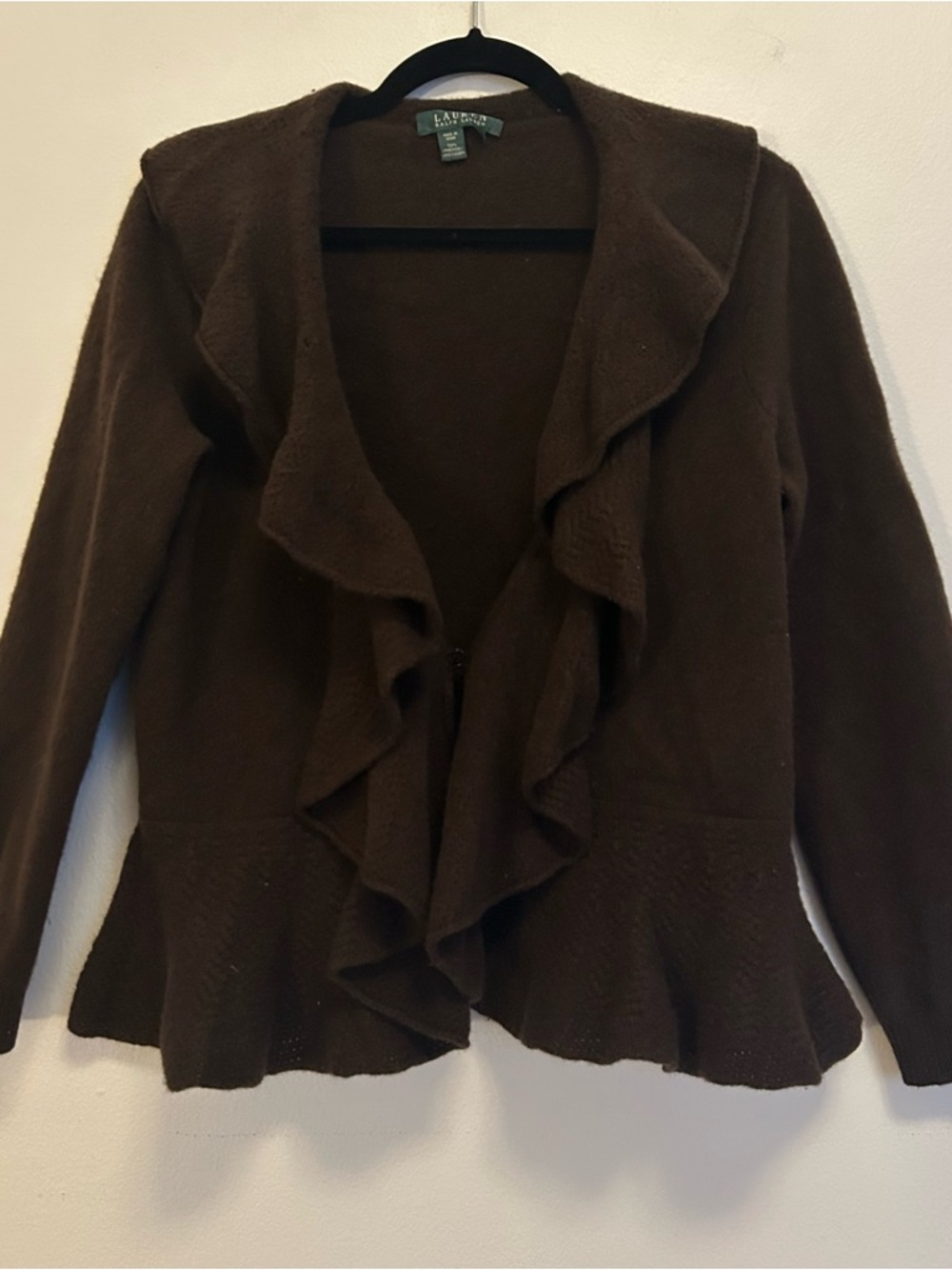 Ralph Lauren Lambswool Brown Ruffle-Front Cardigan Sweater